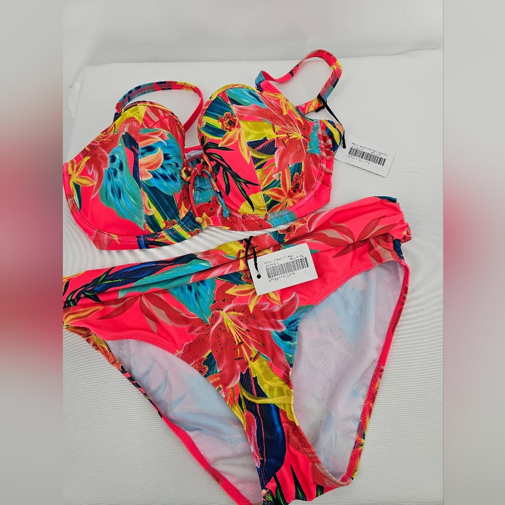 Tropical Print Bikini Set - Coral Pink and Blue - Picture 7 of 7